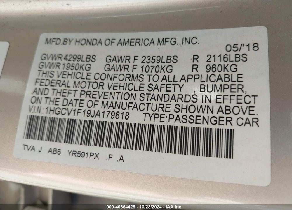 2018 HONDA ACCORD LX VIN: 1HGCV1F19JA179818