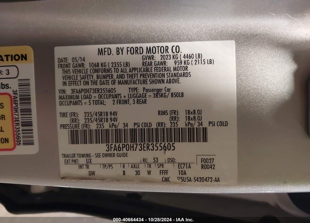2014 FORD FUSION SE VIN: 3FA6P0H73ER355605
