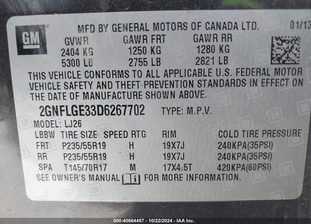 2013 CHEVROLET EQUINOX LTZ VIN: 2GNFLGE33D6267702