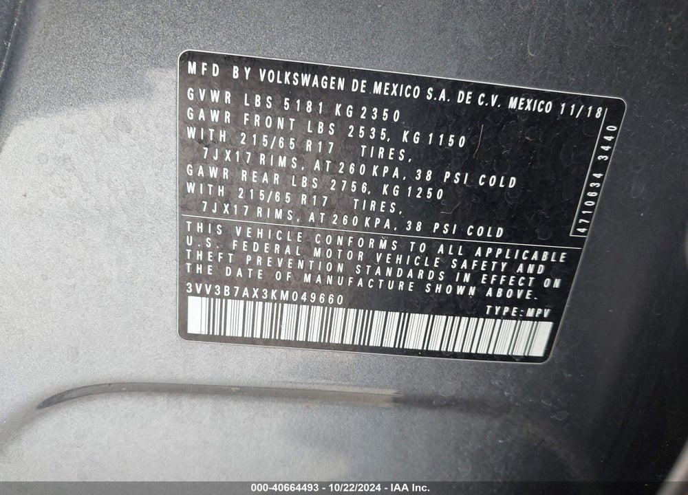 2019 VOLKSWAGEN TIGUAN VIN: 3VV3B7AX3KM049660