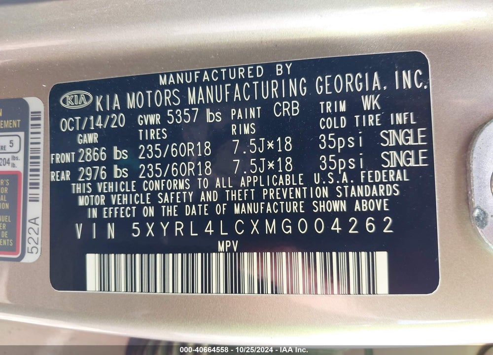 2021 KIA SORENTO S VIN: 5XYRL4LCXMG004262