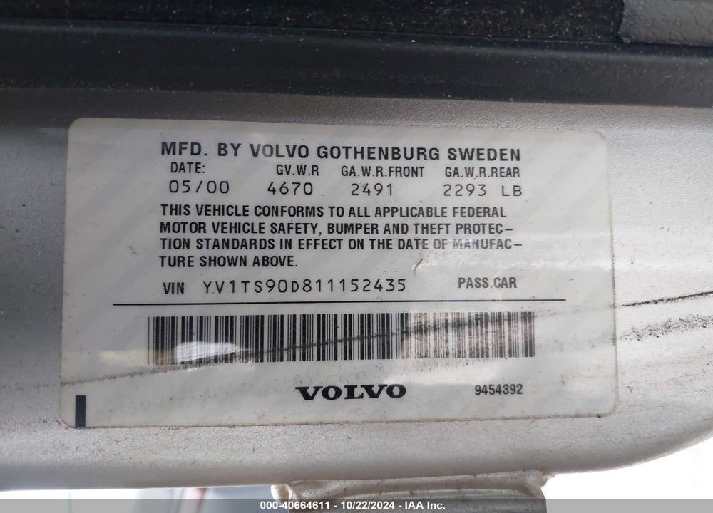 2001 VOLVO S80 T6 VIN: YV1TS90D811152435