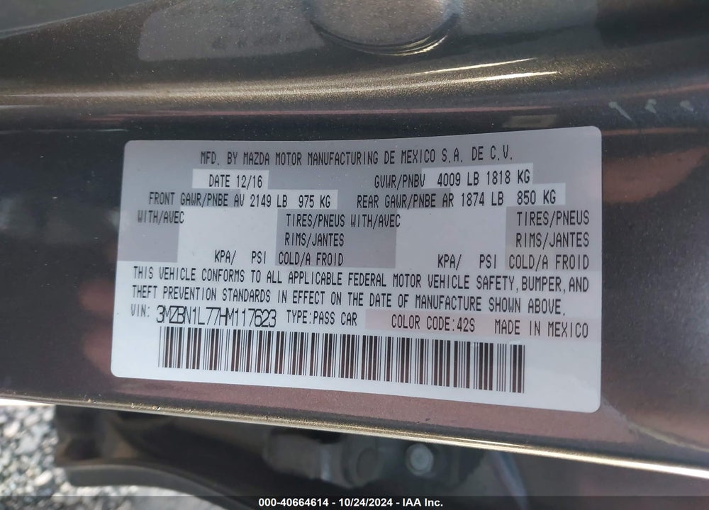 2017 MAZDA 3 TOURING VIN: 3MZBN1L77HM117623