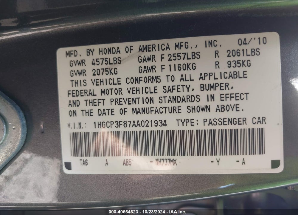 2010 HONDA ACCORD 3.5 EX-L VIN: 1HGCP3F87AA021934