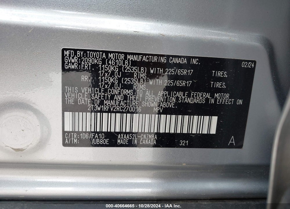 2024 TOYOTA RAV4 XLE VIN: 2T3W1RFV2RC270016