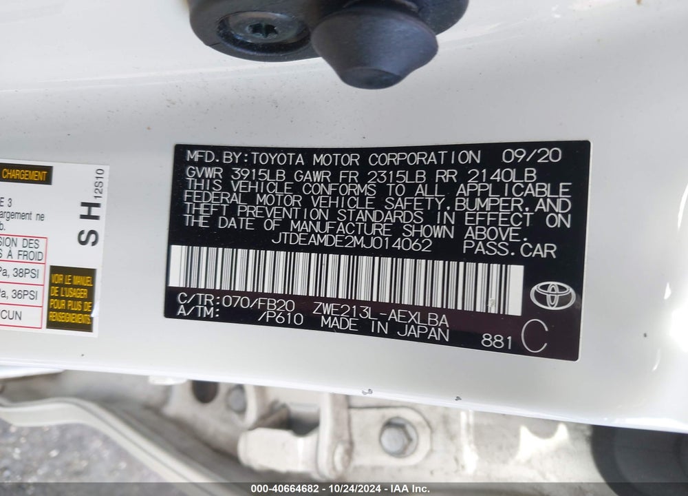 2021 TOYOTA COROLLA HYBRID LE VIN: JTDEAMDE2MJ014062