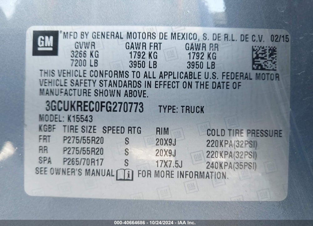2015 CHEVROLET SILVERADO 1500 1LT VIN: 3GCUKREC0FG270773