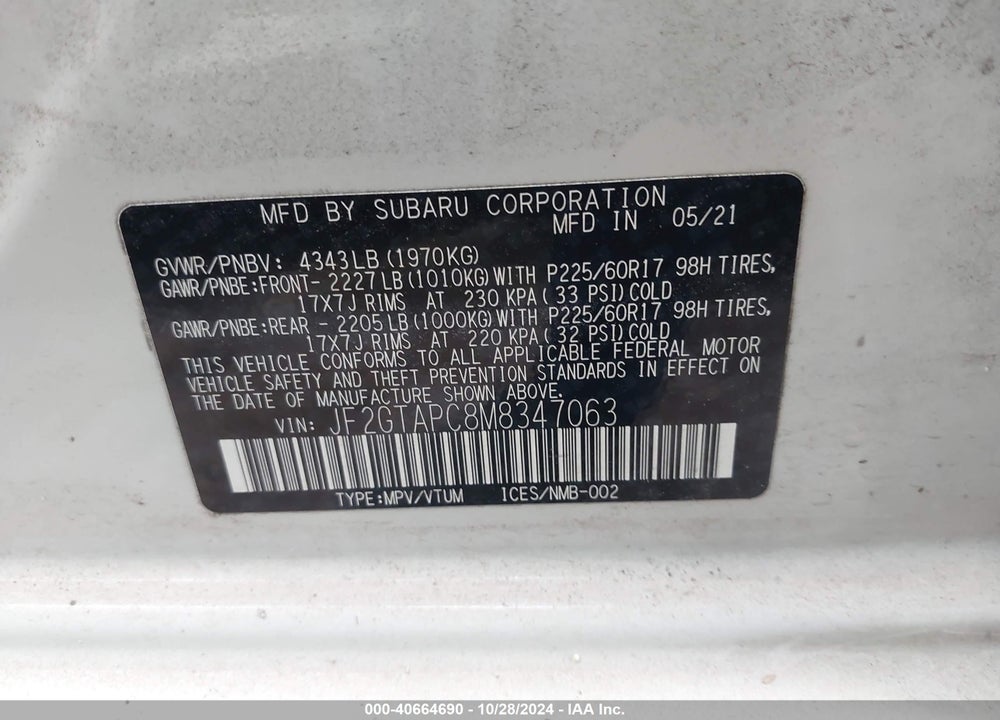 2021 SUBARU CROSSTREK PREMIUM VIN: JF2GTAPC8M8347063