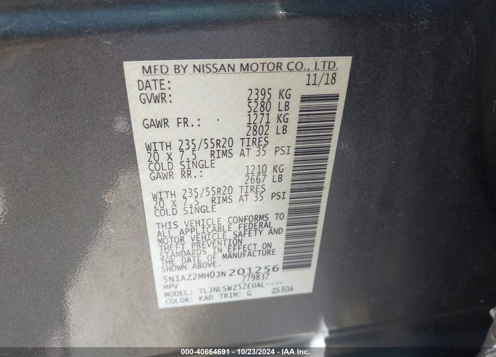 2018 NISSAN MURANO PLATINUM VIN: 5N1AZ2MH0JN201256
