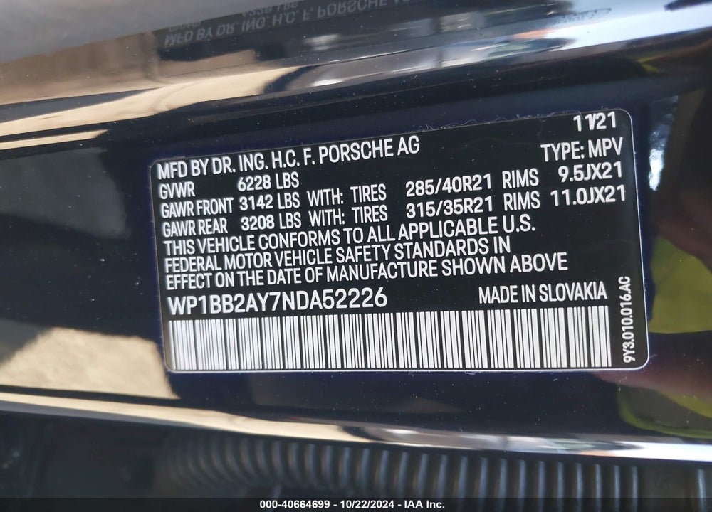 2022 PORSCHE CAYENNE COUPE S/S PLATINUM EDITION VIN: WP1BB2AY7NDA52226