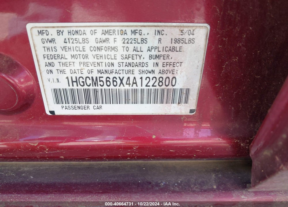2004 HONDA ACCORD 2.4 EX VIN: 1HGCM566X4A122800