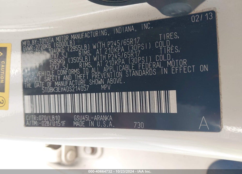 2013 TOYOTA HIGHLANDER PLUS/SE VIN: 5TDBK3EH4DS214057