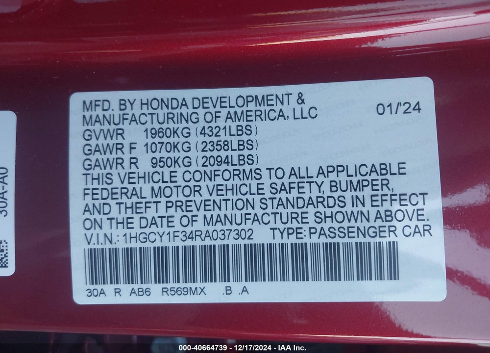 2024 HONDA ACCORD EX VIN: 1HGCY1F34RA037302