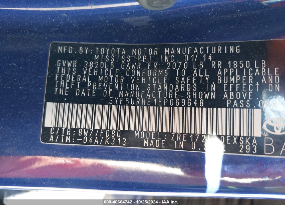 2014 TOYOTA COROLLA VIN: 5YFBURHE1EP069648