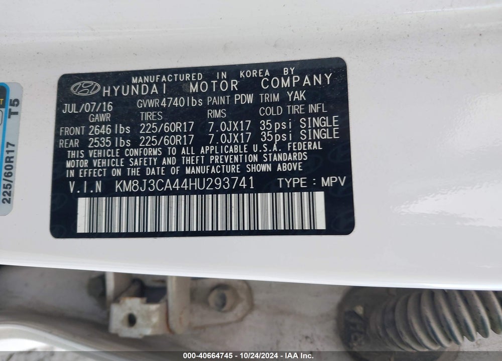 2017 HYUNDAI TUCSON SE VIN: KM8J3CA44HU293741