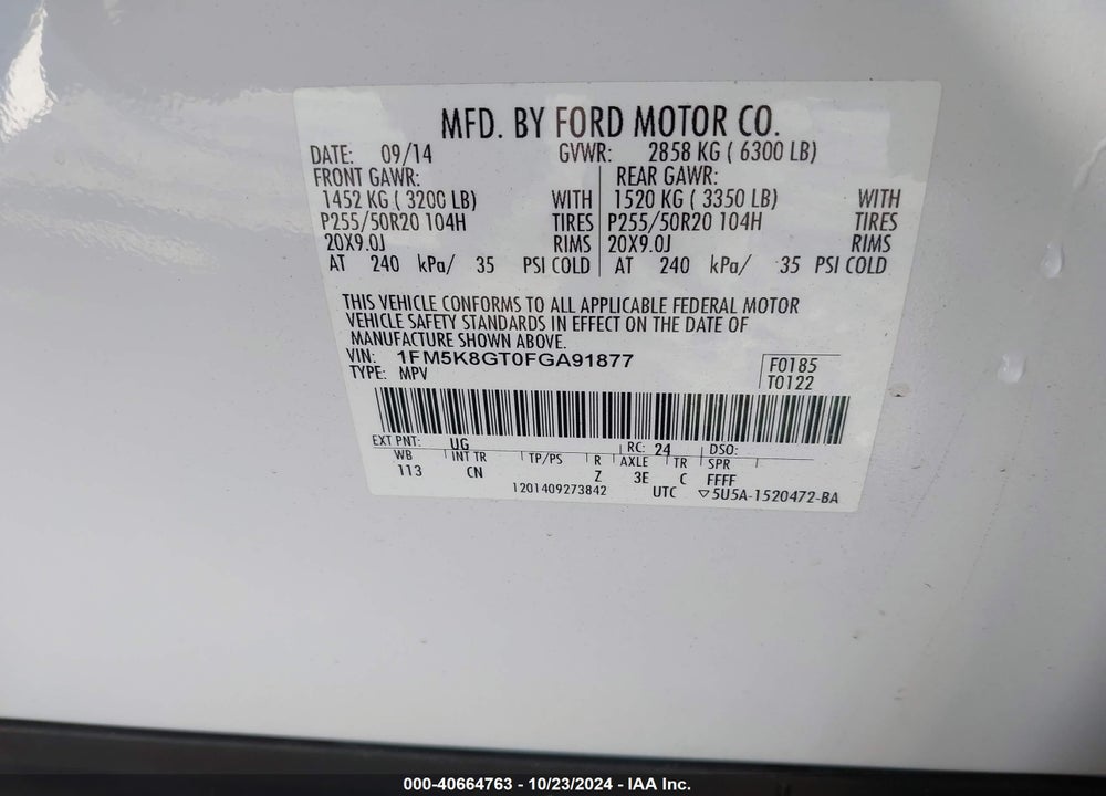 2015 FORD EXPLORER SPORT VIN: 1FM5K8GT0FGA91877
