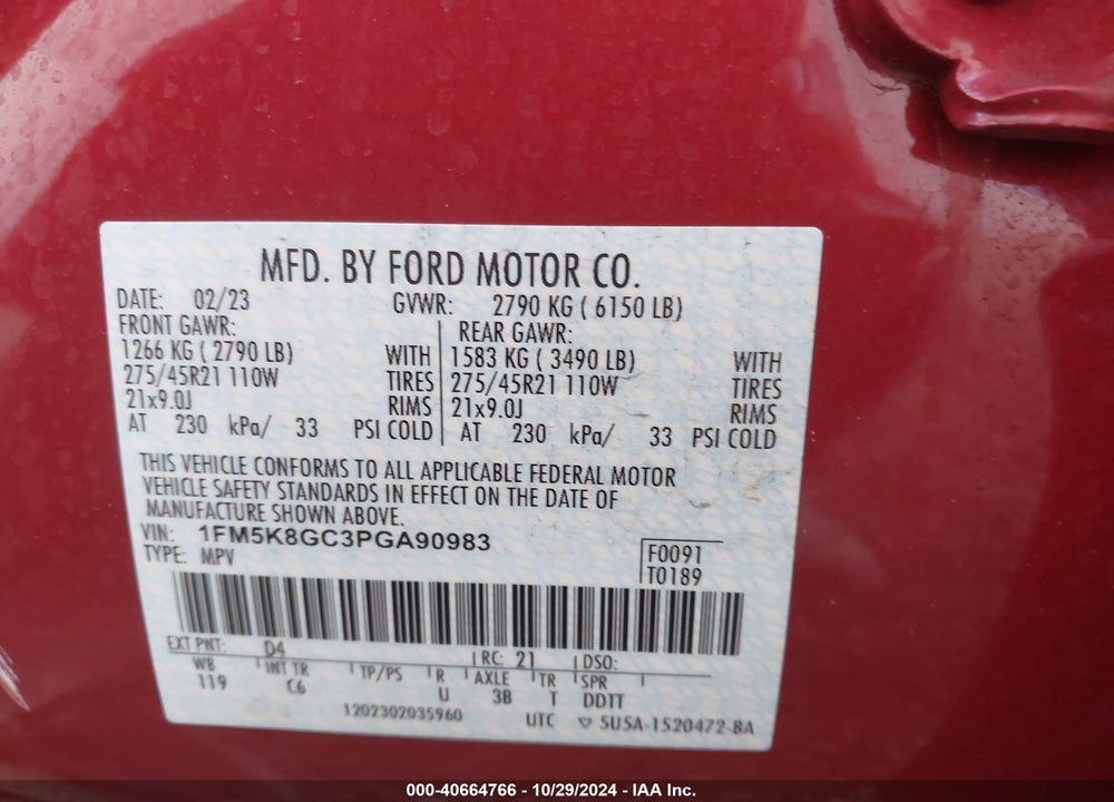 2023 FORD EXPLORER ST VIN: 1FM5K8GC3PGA90983