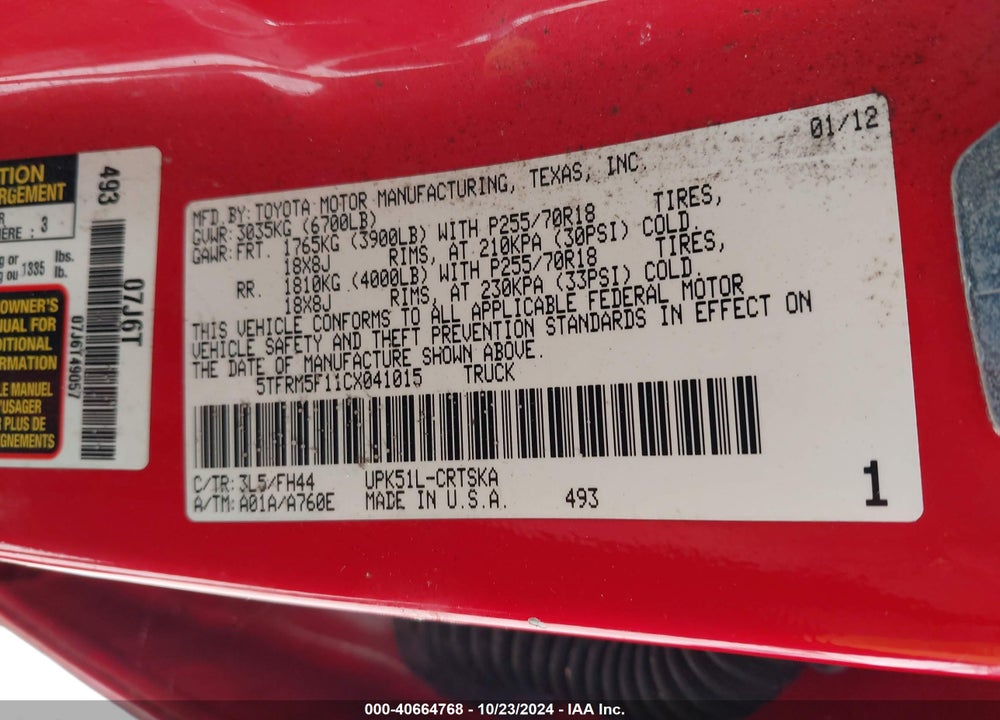 2012 TOYOTA TUNDRA GRADE 4.6L V8 VIN: 5TFRM5F11CX041015