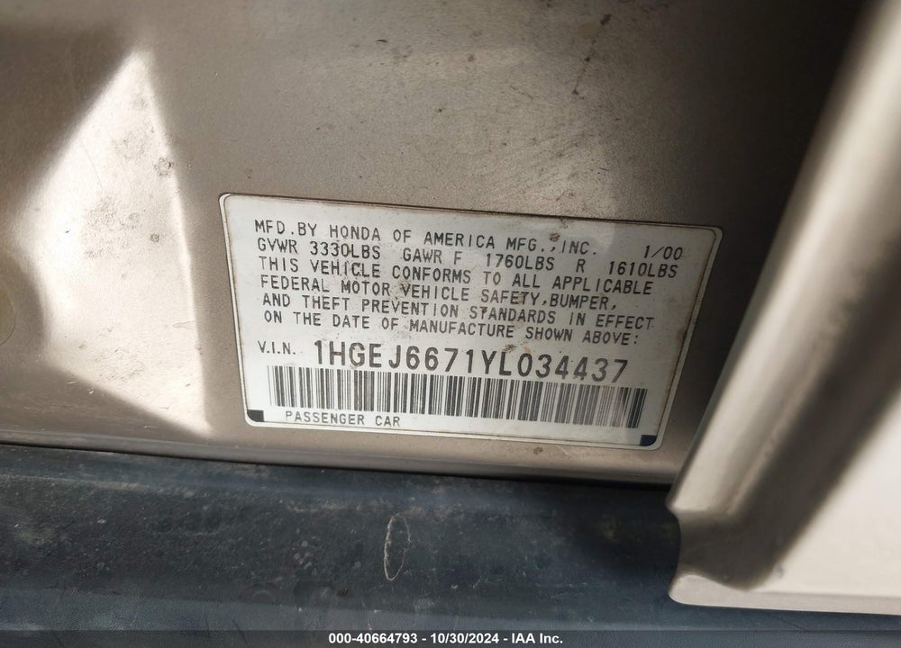 2000 HONDA CIVIC LX VIN: 1HGEJ6671YL034437