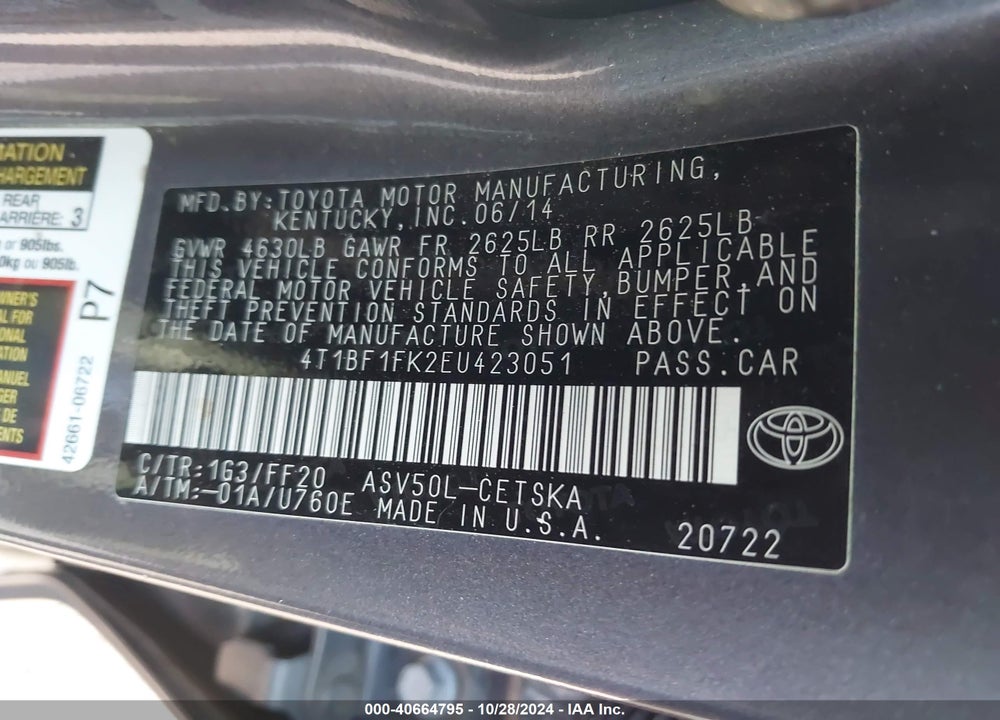 2014 TOYOTA CAMRY SE VIN: 4T1BF1FK2EU423051