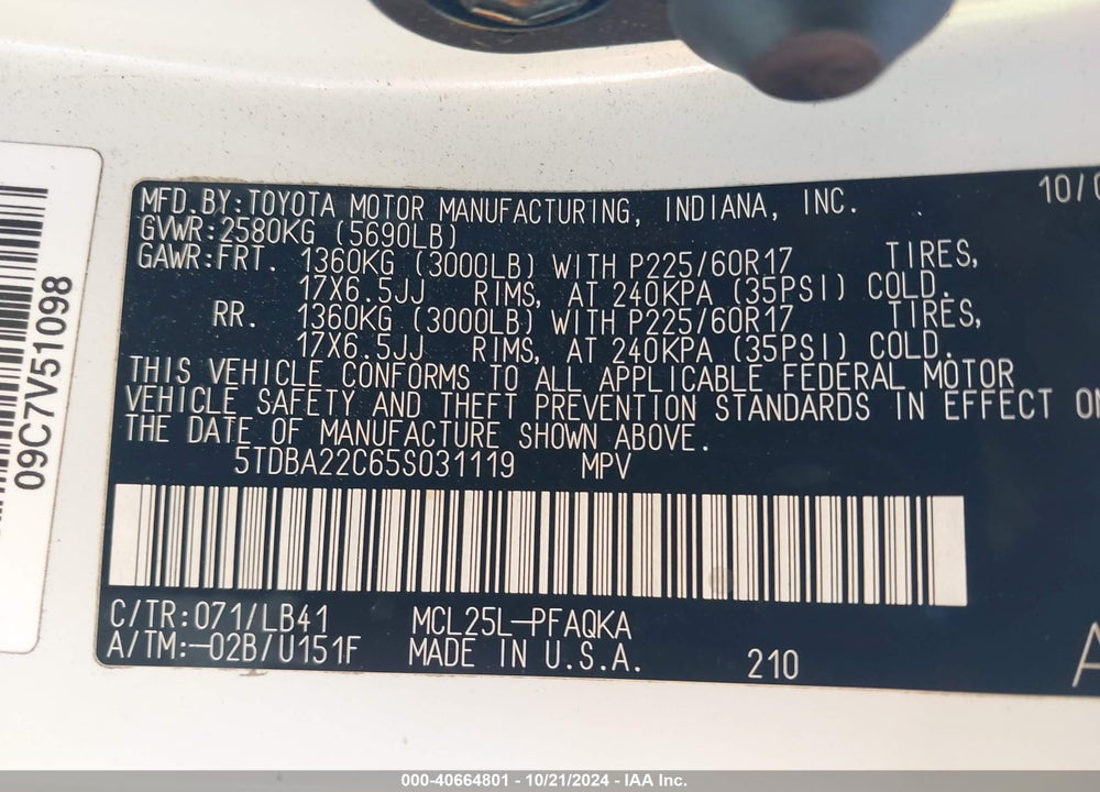 2005 TOYOTA SIENNA XLE LIMITED VIN: 5TDBA22C65S031119