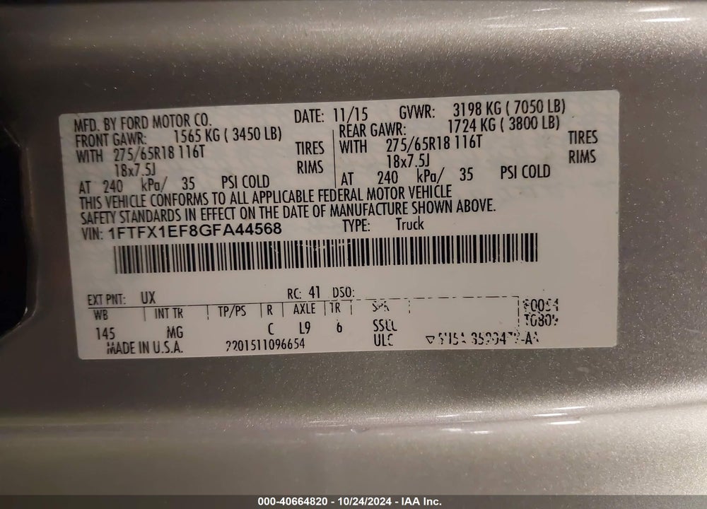 2016 FORD F-150 XLT VIN: 1FTFX1EF8GFA44568