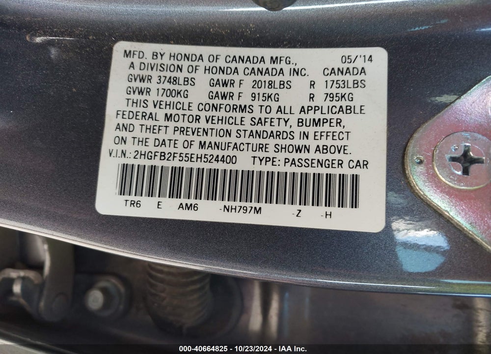 2014 HONDA CIVIC LX VIN: 2HGFB2F55EH524400
