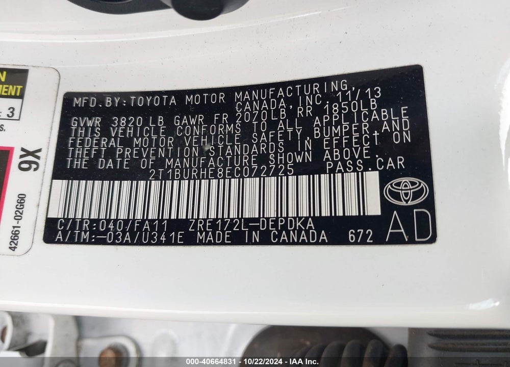 2014 TOYOTA COROLLA L VIN: 2T1BURHE8EC072725