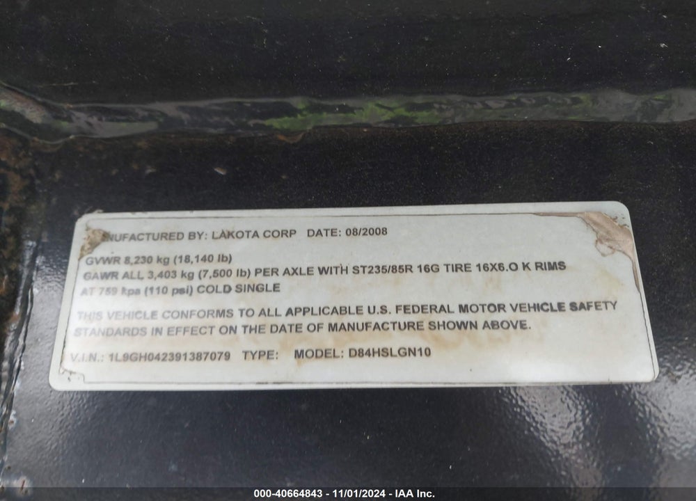 2009 LAKOTA M-84HSLGN10 VIN: 1L9GH042391387079