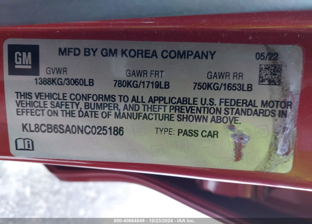 2022 CHEVROLET SPARK FWD LS AUTOMATIC VIN: KL8CB6SA0NC025186