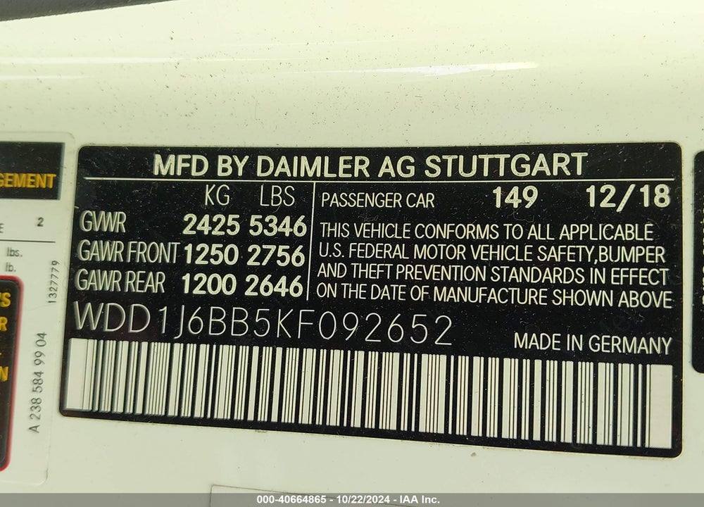 2019 MERCEDES-BENZ AMG E 53 4MATIC VIN: WDD1J6BB5KF092652