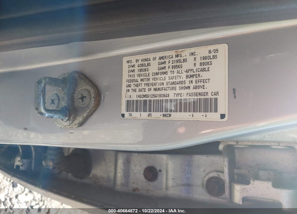 2005 HONDA ACCORD 2.4 DX VIN: 1HGCM56125A190949