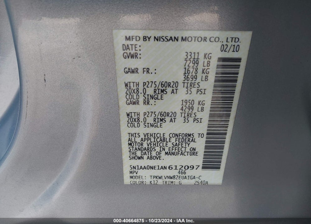 2010 NISSAN ARMADA PLATINUM VIN: 5N1AA0NE1AN612097