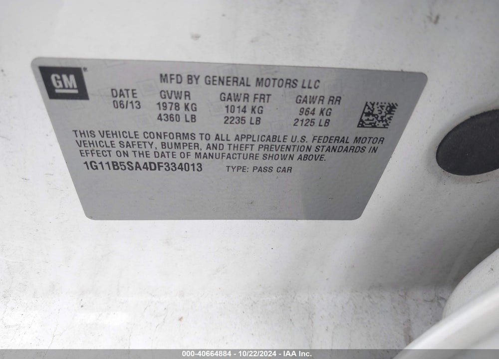2013 CHEVROLET MALIBU 1LS VIN: 1G11B5SA4DF334013