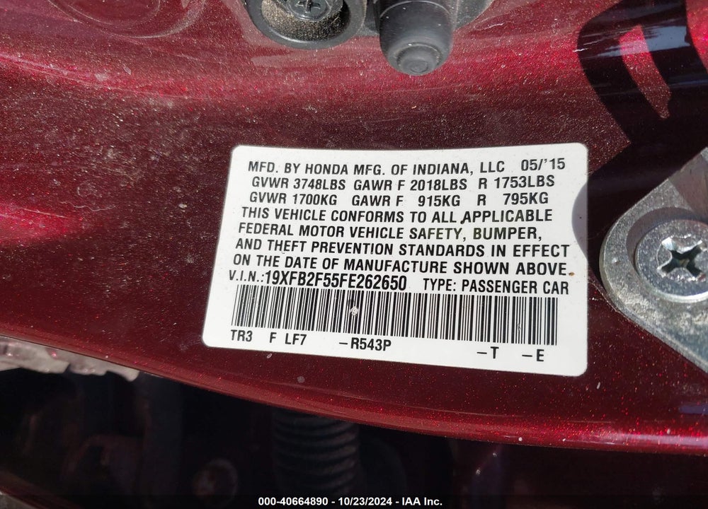 2015 HONDA CIVIC LX VIN: 19XFB2F55FE262650