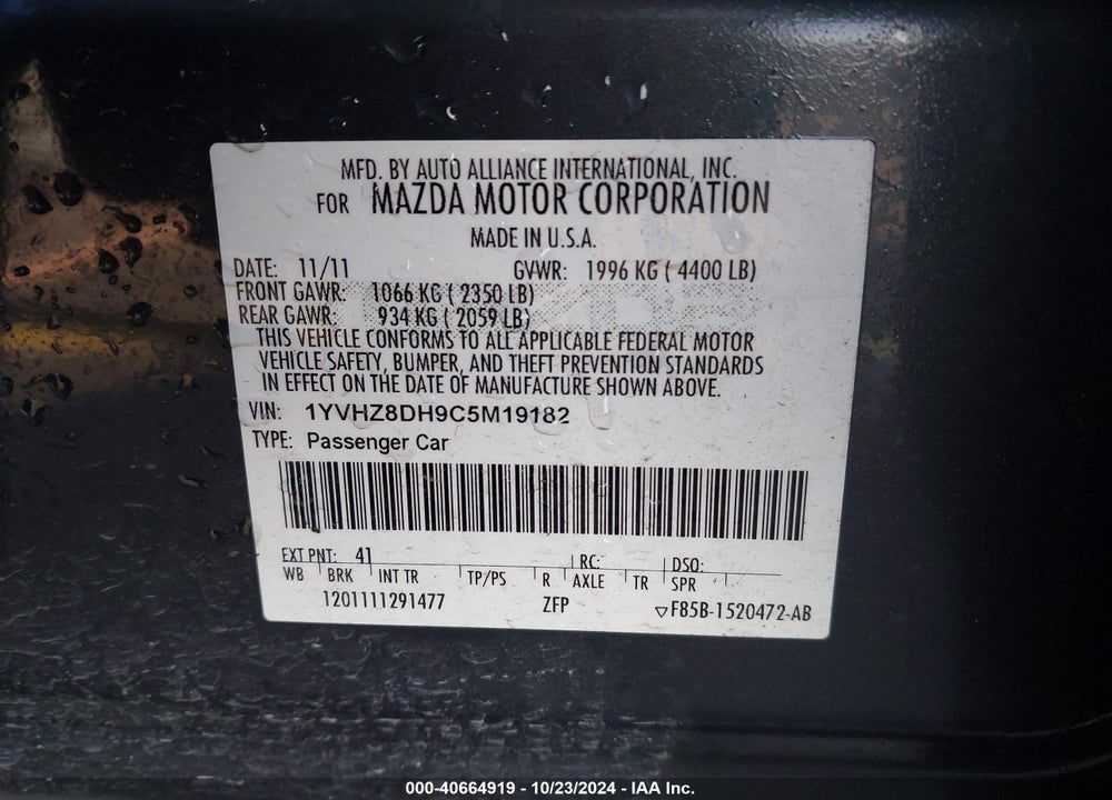 2012 MAZDA 6 I TOURING VIN: 1YVHZ8DH9C5M19182