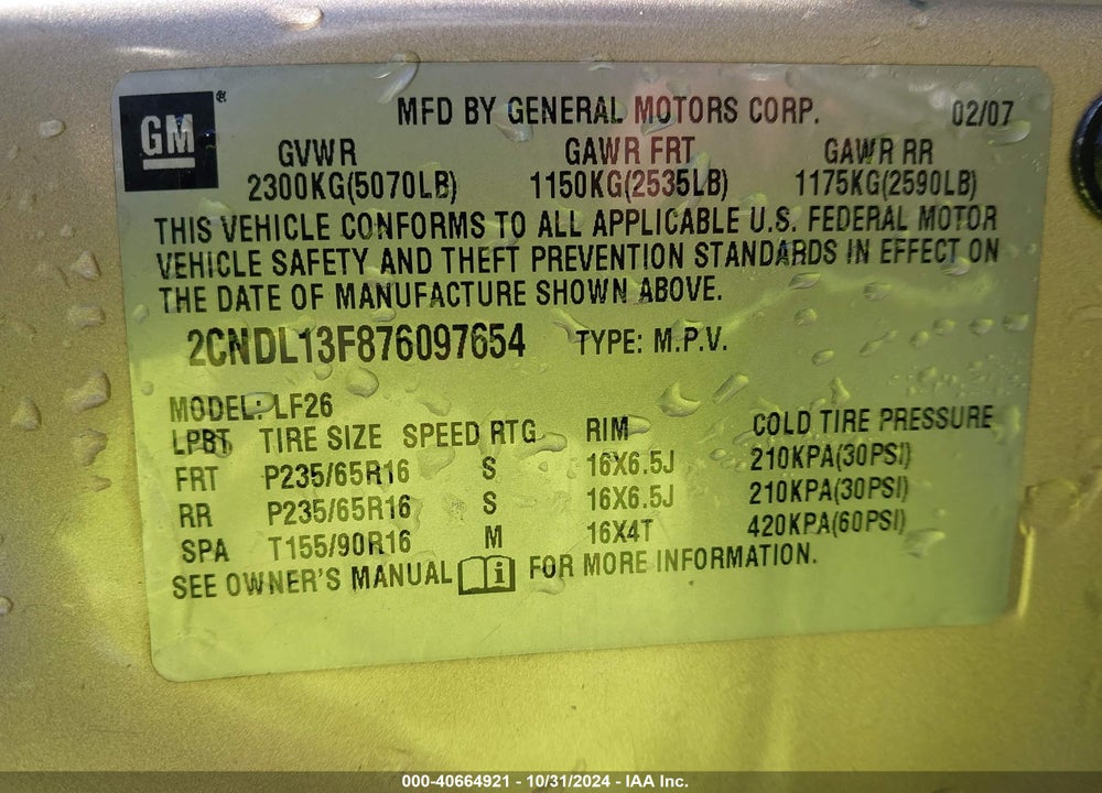 2007 CHEVROLET EQUINOX LS VIN: 2CNDL13F876097654
