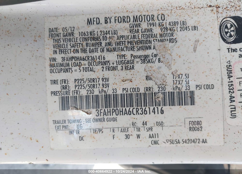 2012 FORD FUSION SE VIN: 3FAHP0HA6CR361416