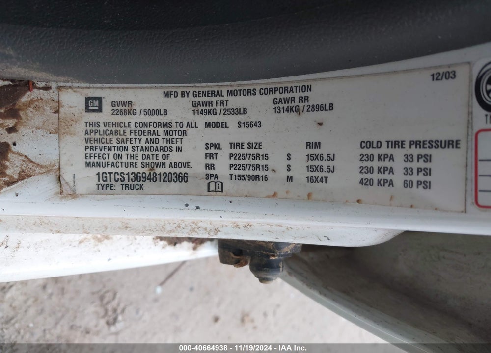 2004 GMC CANYON SLE VIN: 1GTCS136948120366