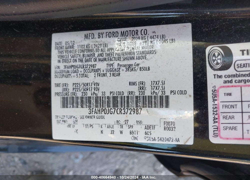 2012 FORD FUSION SEL VIN: 3FAHP0JG7CR372987