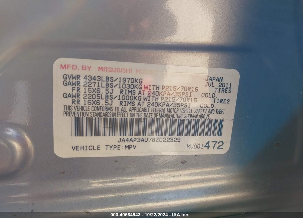 2011 MITSUBISHI OUTLANDER SPORT ES VIN: JA4AP3AU7BZ022329