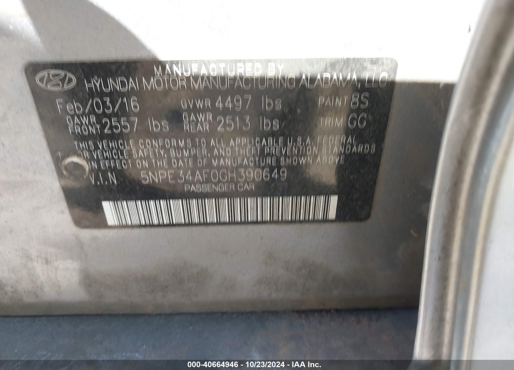 2016 HYUNDAI SONATA VIN: 5NPE34AF0GH390649