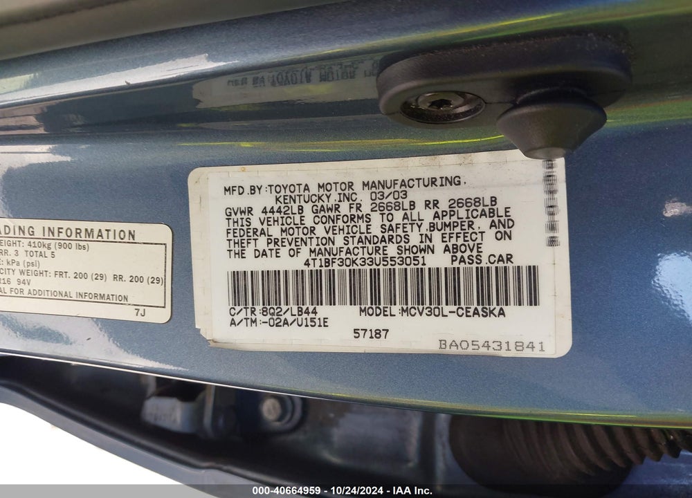 2003 TOYOTA CAMRY SE V6 VIN: 4T1BF30K33U553051