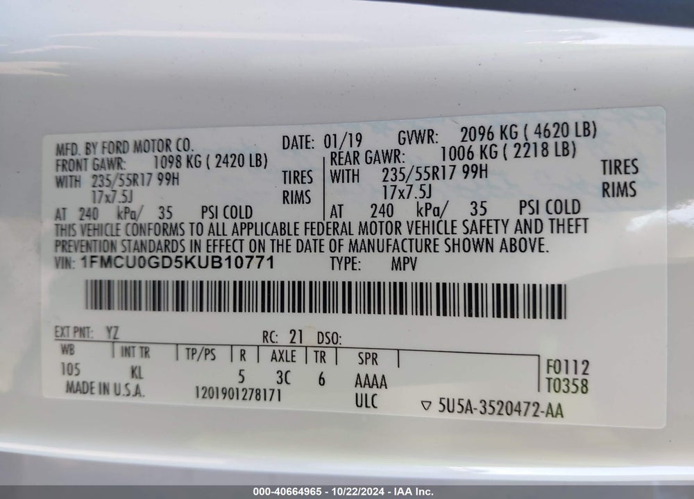 2019 FORD ESCAPE SE VIN: 1FMCU0GD5KUB10771