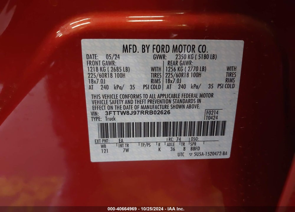 2024 FORD MAVERICK XLT VIN: 3FTTW8J97RRB02626
