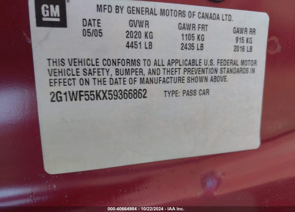 2005 CHEVROLET IMPALA POLICE VIN: 2G1WF55KX59366862