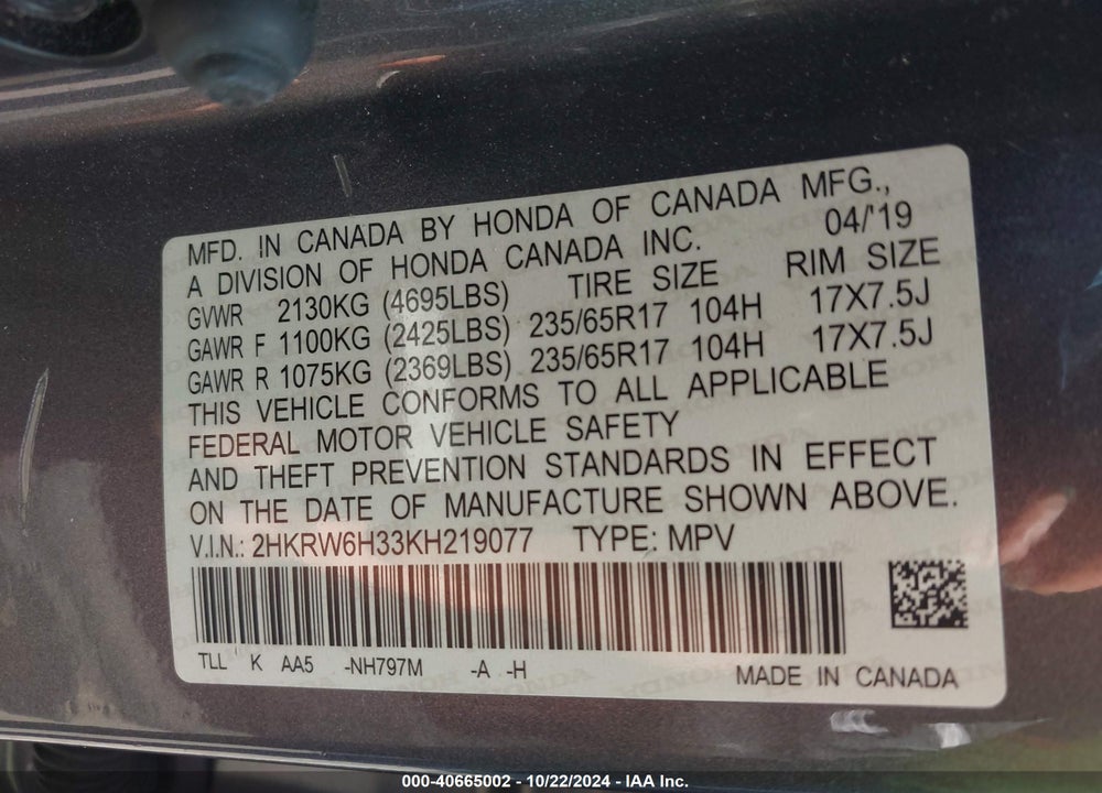 2019 HONDA CR-V LX VIN: 2HKRW6H33KH219077