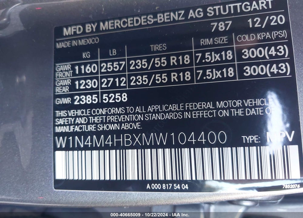 2021 MERCEDES-BENZ GLB 250 4MATIC VIN: W1N4M4HBXMW104400