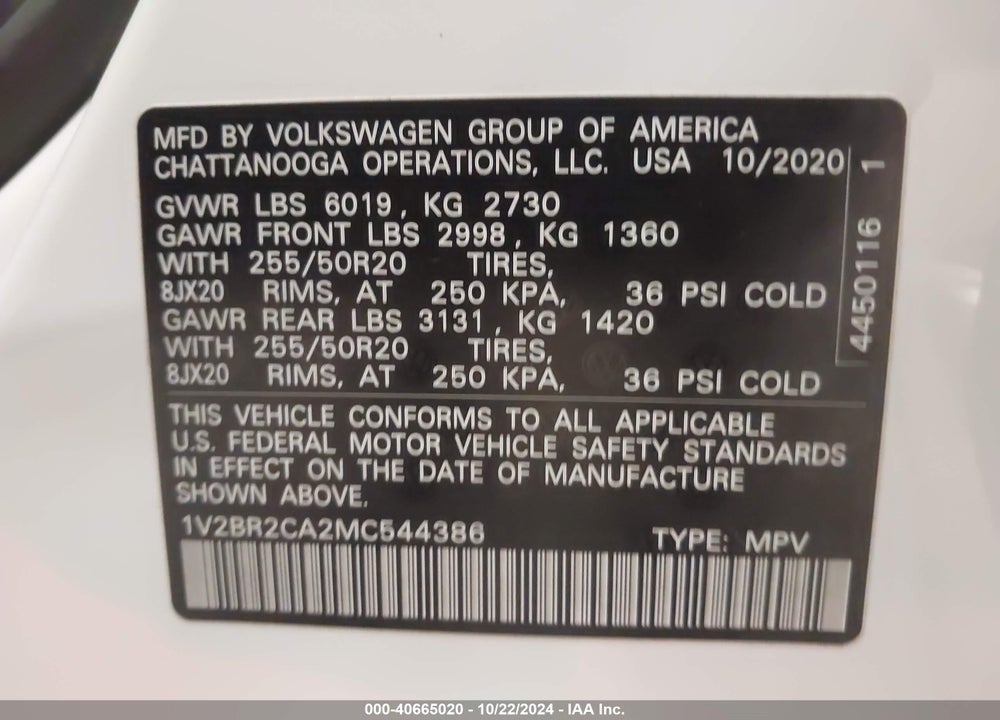 2021 VOLKSWAGEN ATLAS 3.6L V6 SEL VIN: 1V2BR2CA2MC544386