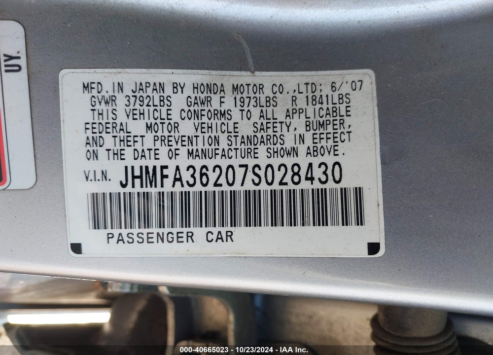 2007 HONDA CIVIC HYBRID VIN: JHMFA36207S028430